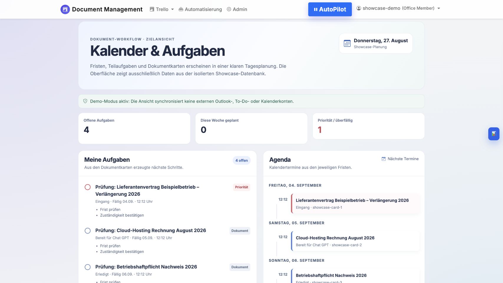 Agenda mit verknüpften Dokumentaufgaben aus der anonymisierten Showcase-Demo