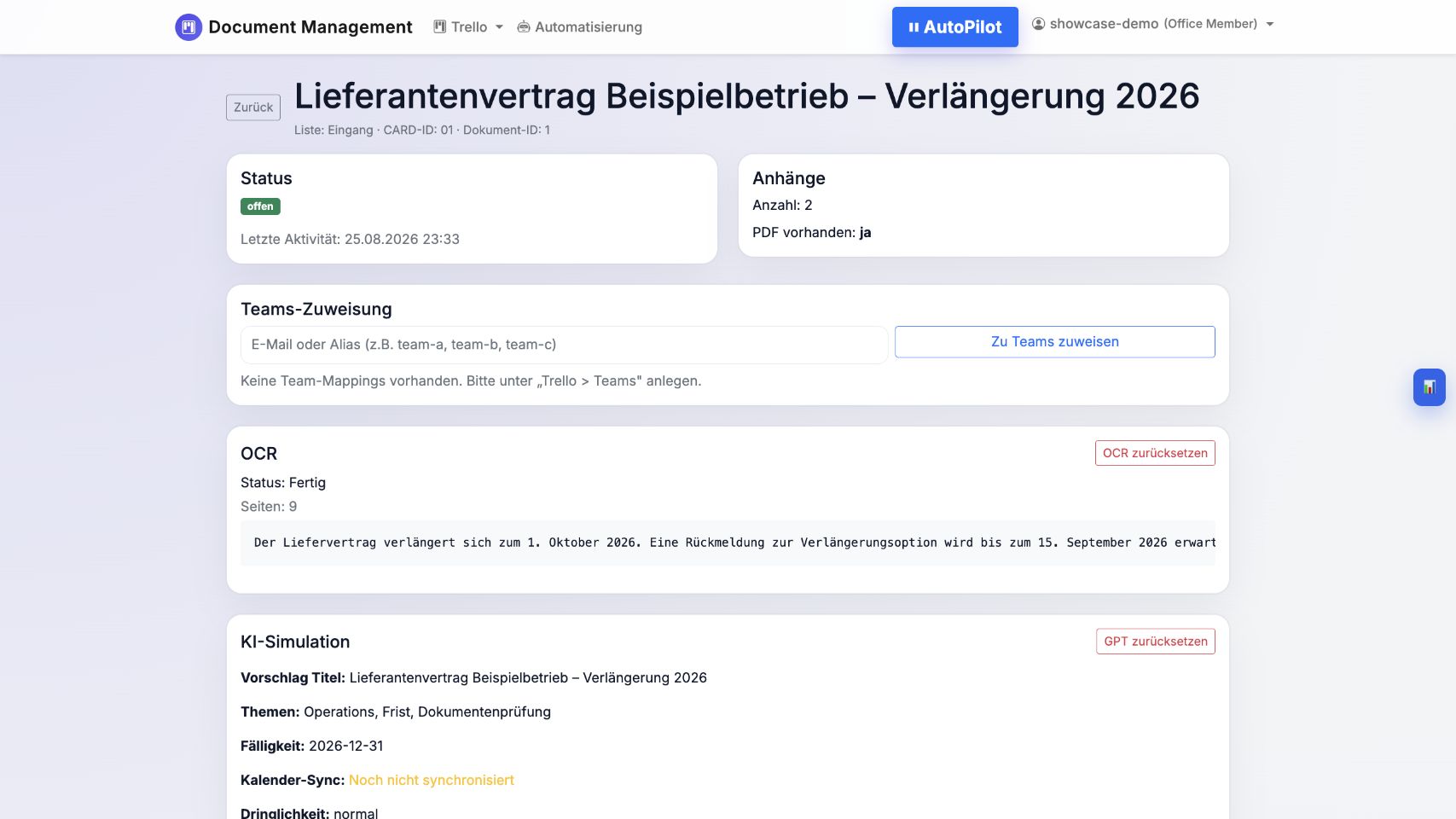 Anonymisierte Dokumentkarte mit OCR und KI-Simulation