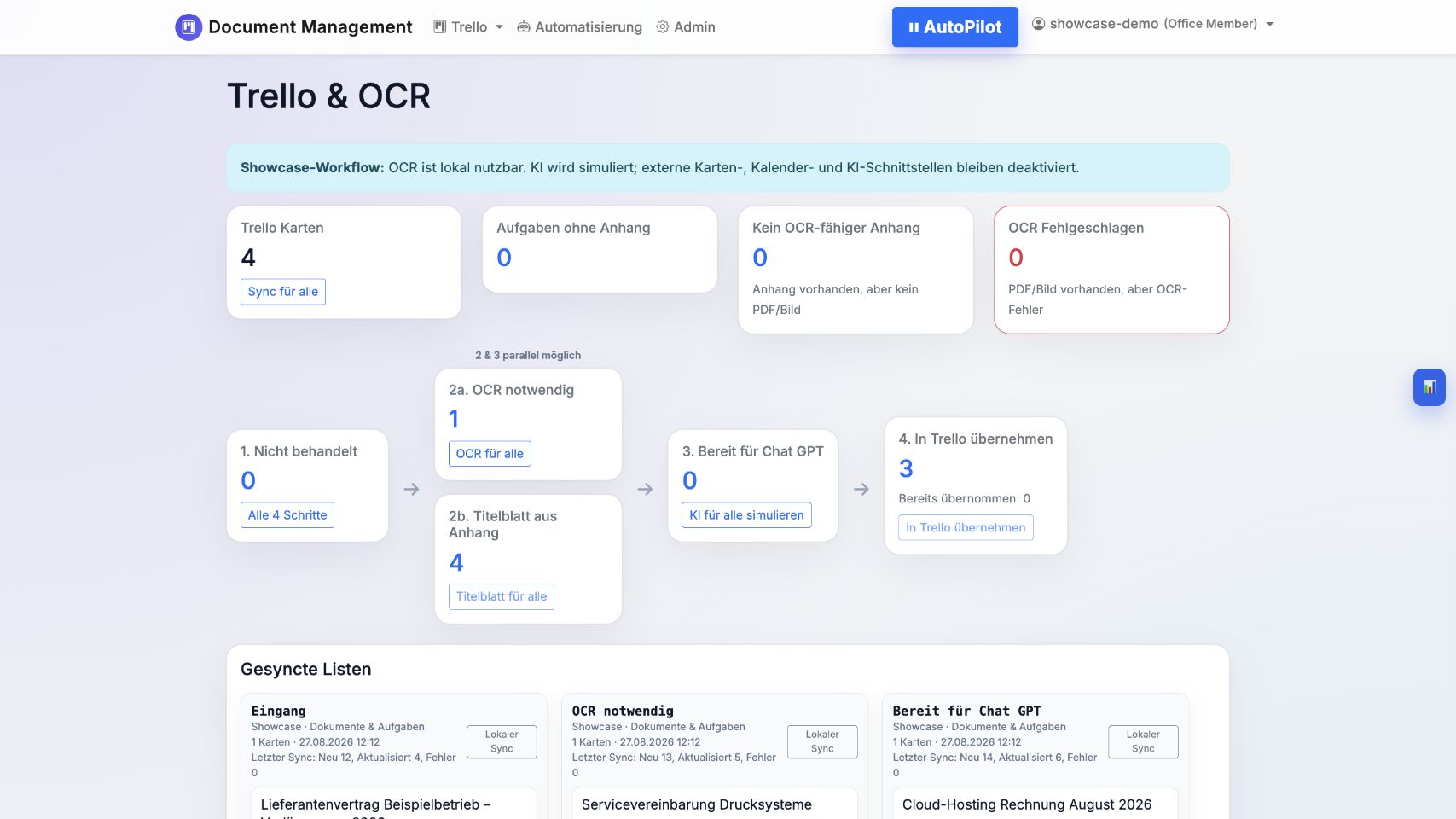 Anonymisierte Kanban-Ansicht der Dokument-Management-Demo