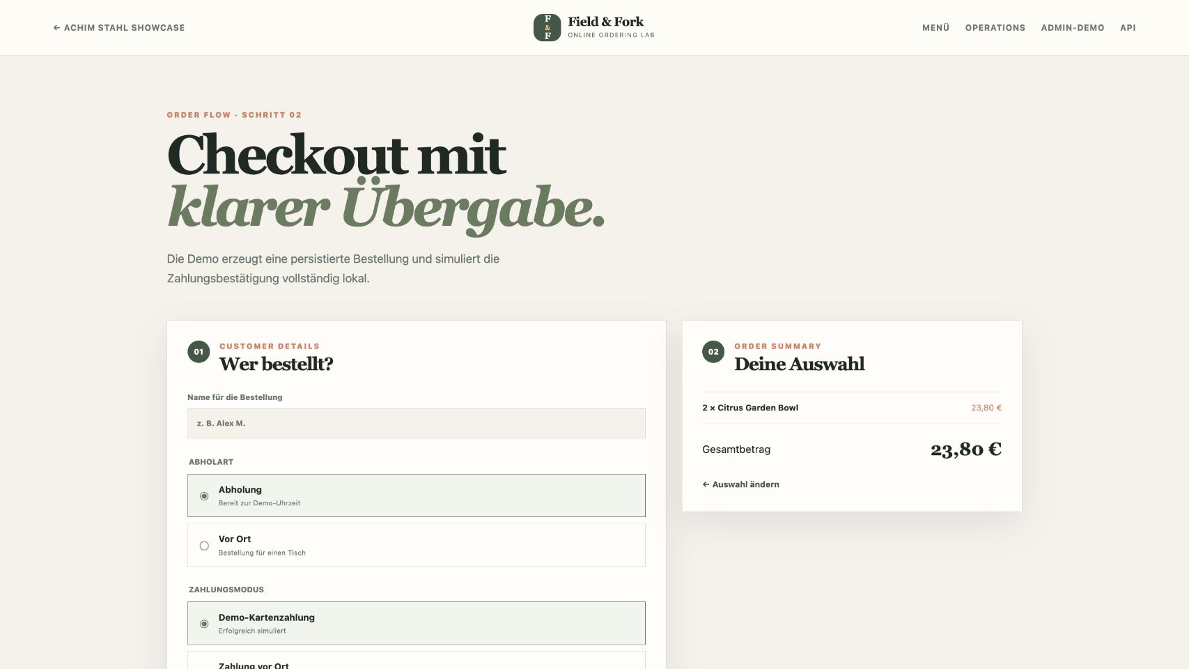 Checkout der Field and Fork Demo mit Bestellübersicht