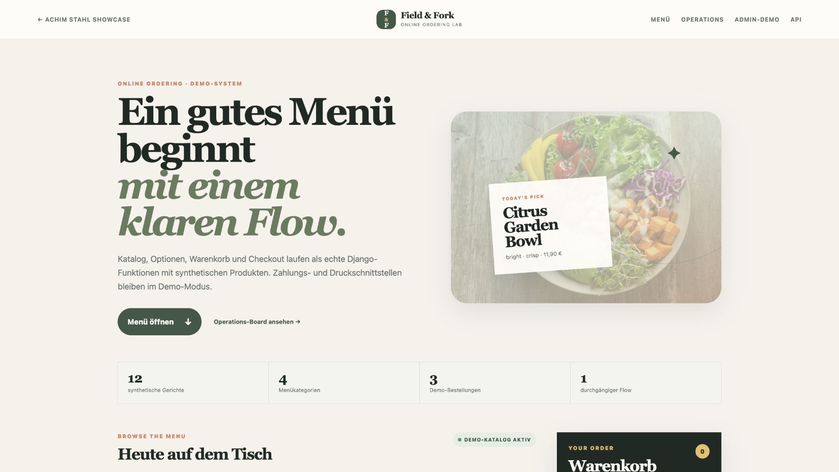 Field and Fork Menü mit synthetischem Katalog und Warenkorb