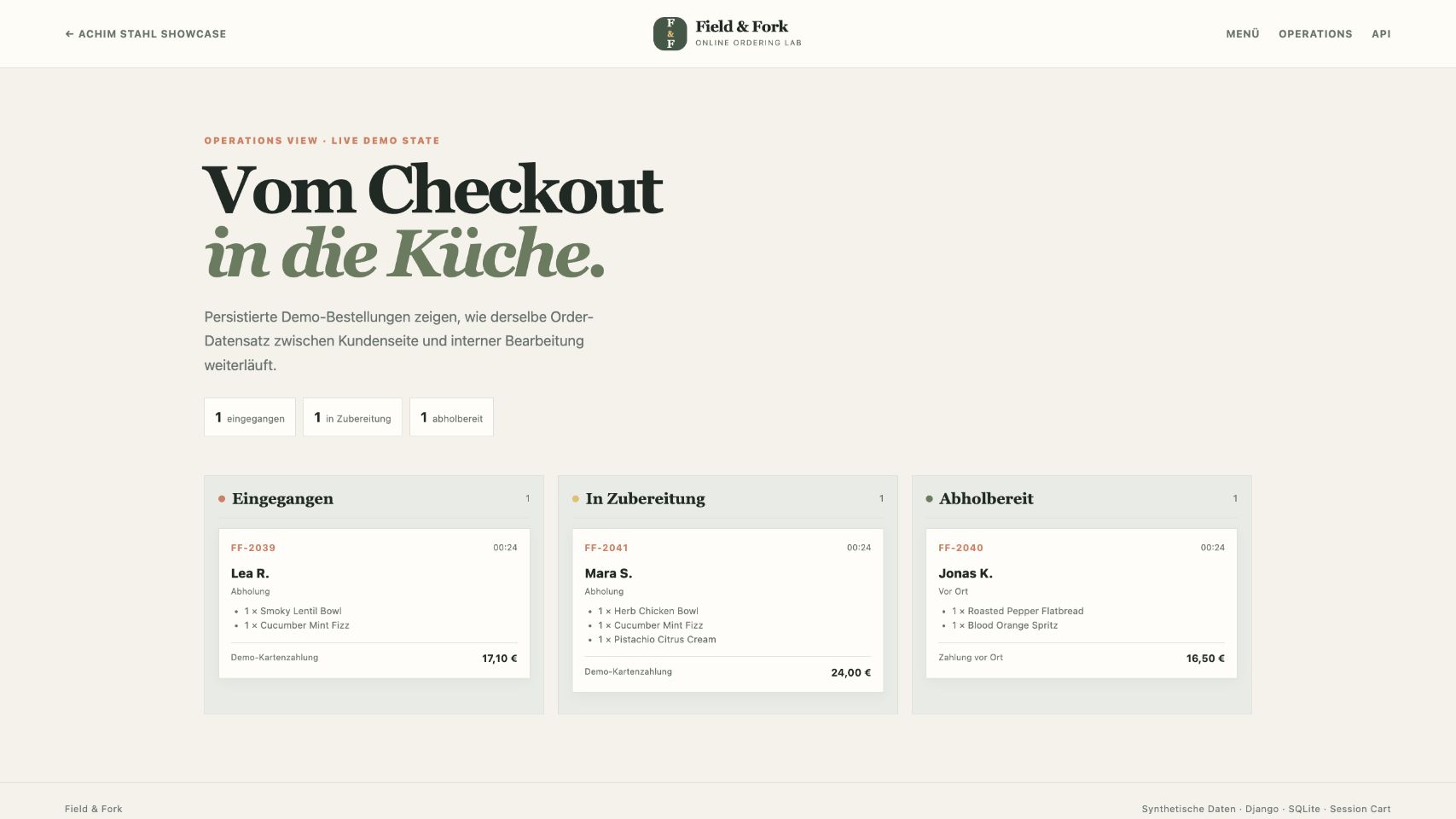 Operations-Board der Field and Fork Demo